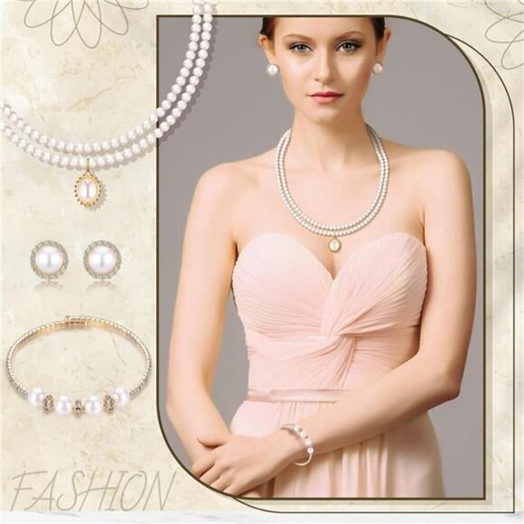Gold Pearl Rhinestone Jewelry Set for Women Pearl Necklace Bracelet Earrings - Picture 6 of 7